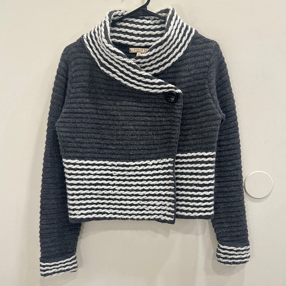 Mary Firenze‎ Anthropologie Gray White Stripe Wool Mohair Blend Wrap Cardigan S